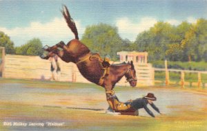 Western COWBOY BURT MULKEY Leaving Bronc MELROSE Rodeo ca1940's Linen Postcard