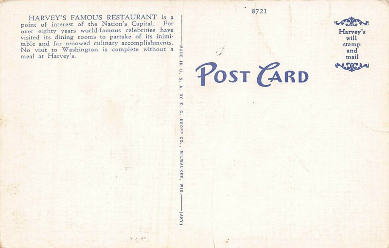 Harvey's Restaurant, Mayflower Hotel, Washington, D.C., Early Postcard, Unused