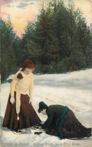 Winter in Canada women getting ready for a good time vintage postcard