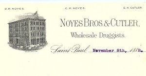 1888 ST PAUL MN NOYES BROS & CUTLER WHOLESALE DRUGGISTS LETTER BILLHEAD Z4224