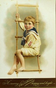 Lovely Boy Sailor Uniform Christmas - Eliza Cook Poem Back Victorian Card &R 