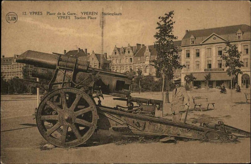 WWI Ypres Belgium Crisp Image Cannon Place de la Gare MULTIPLE STAMPS/CANCELS