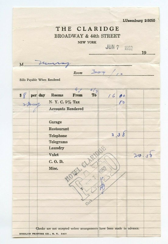 The Claridge Broadway & 44th Street New York Vintage Jun 7, 1952 Paper Invoice