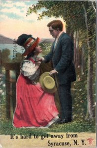 Postcard  Romance NY Syracuse Woman gazing up at man It's hard to get away from