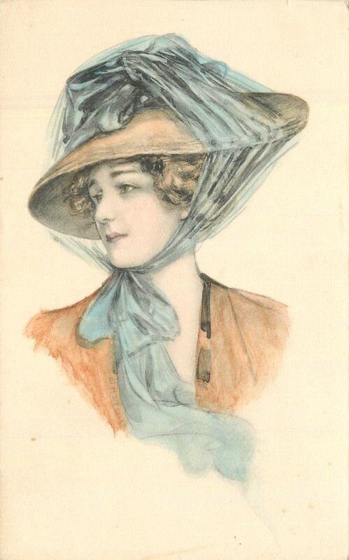 C-1910 Pretty Woman Hat Fashion hand colored Postcard 22-8070