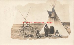 Native American Indians, RPPC, Family at their Encampment Tee Pee, Photo