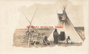 Native American Indians, RPPC, Family at their Encampment Tee Pee, Photo 