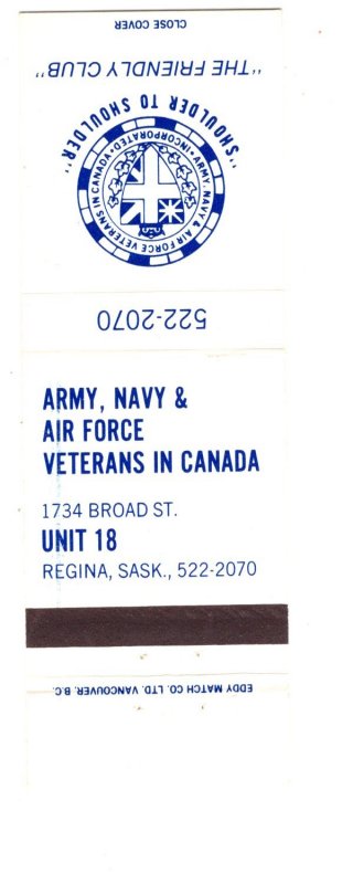 Army Navy Air Force Veterans Canada Unit 18 Regina, Saskatchewan Matchbook Cover