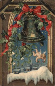 Christmas Cherub Church Bell Holly Embossed c1900s-20s Postcard