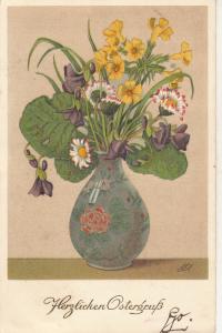 Swiss artist signed flowers vase fantasy early postcard Red Cross franking stamp