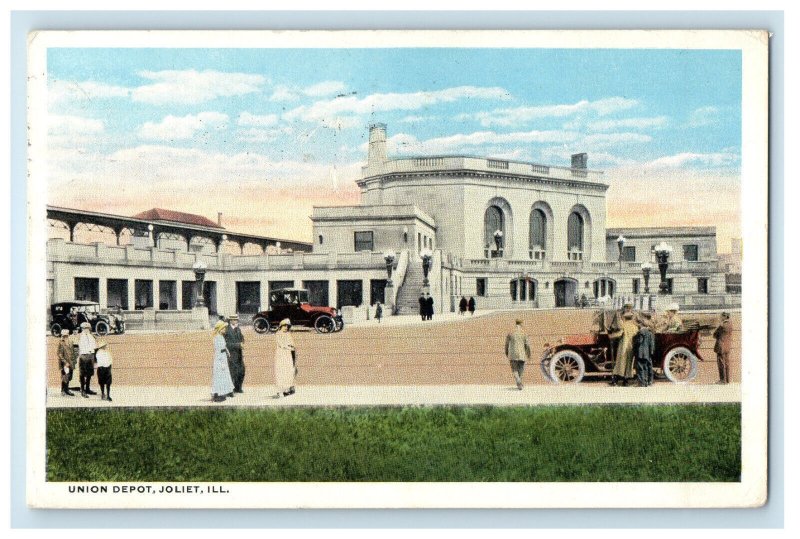 1916 Cars Scene, Union Depot Joliet, Illinois IL Antique Posted Postcard