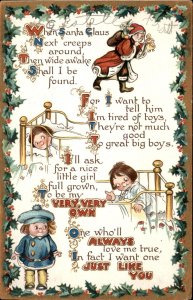 Christmas Wishes Poem Santa Claus Cute Kids Gilt Embossed Vintage Postcard