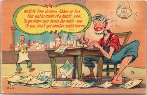 Postcard Artist Signed Irby Comic - Hillbilly writing letters at bar