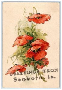 c1910 Greetings From Flower Leaves Glitter Sanborn Iowa Vintage Antique Postcard