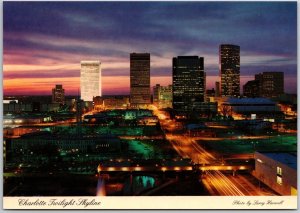 Charlotte North Carolina NC Twilight Skyline Emerald City By Night Postcard