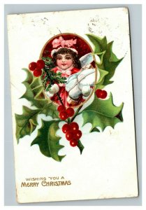 Vintage 1909 Christmas Postcard Cute Child Pink Bow Mistletoe Holly Berries NICE