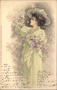 Meissner & Buch Art Nouveau Beautiful Woman Smelling Flowers c1910 Postcard