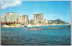 Waikiki Beach Hawaii 1970s Beach And Ala Wai Yacht Basin Postcard