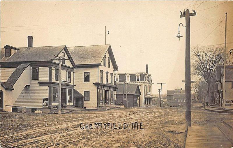 Cherryfield ME Dirt Main Street Storefronts Winslow Photo RPPC Postcard