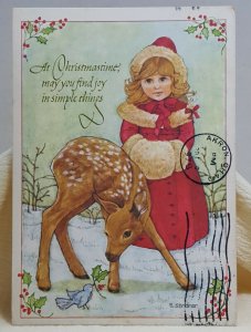 Young Girl Deer Christmas Vintage Postcard