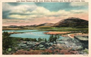 Lawton OK-Oklahoma, Lake Elmer Thomas & Mt. Scott Wichita Mountains Old Postcard