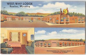 WEST-WAY LODGE Rawlins, Wyoming Lincoln Highway Roadside 1940s Linen Postcard