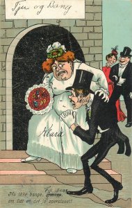 Comic wedding caricature bride and scared groom 1918 postcard Danish humor