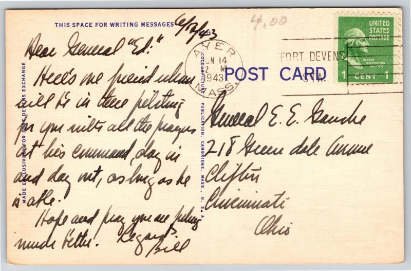 Fort Devens Massachusetts~Typical Army Chapel~PM 1943~Vintage Linen Postcard