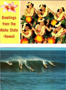 2~Postcards  HI, Hawaii ALOHA STATE Greetings BEAUTIFUL HULA GIRLS & SURFERS