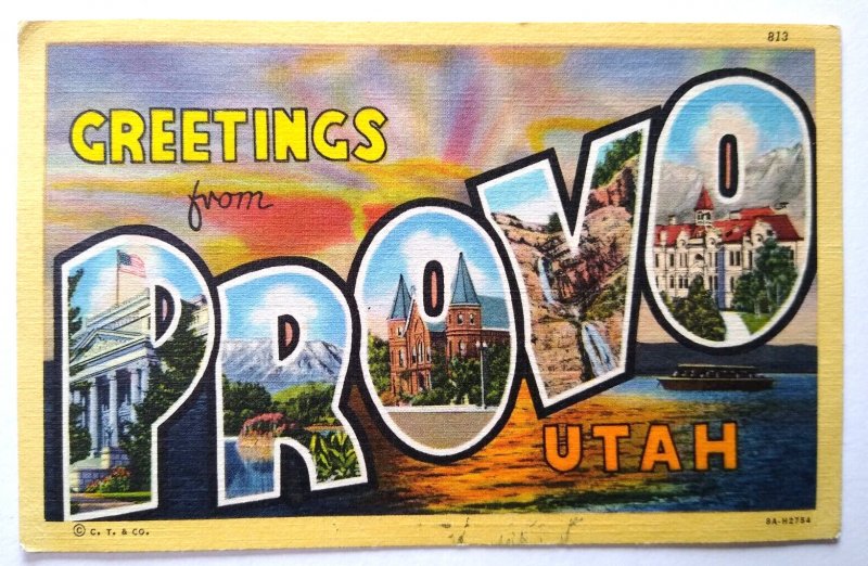 Greetings From Provo Utah Large Big Letter City Linen Postcard Curt Teich 1947