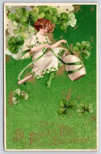 Schmucker St Patrick's Day~Lovely Irish Lady Rides White Pipe~Shamrocks~Winsch 