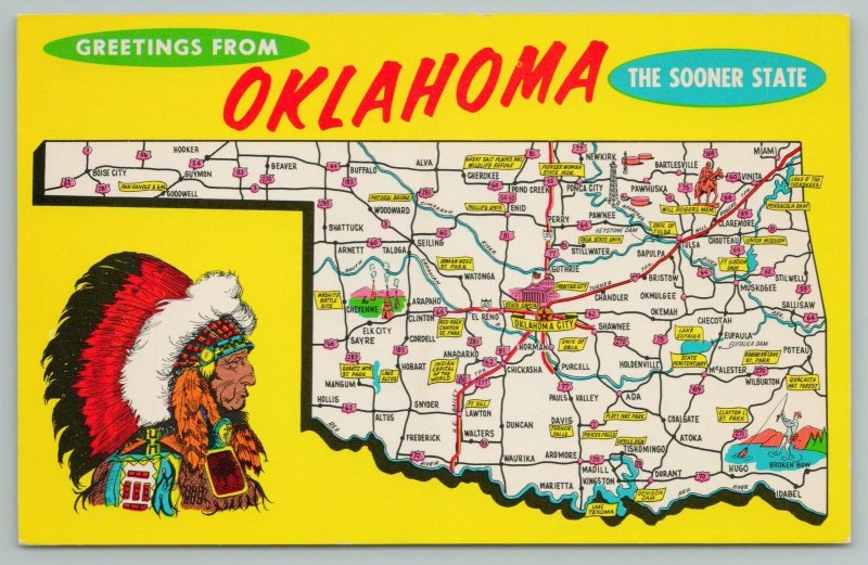 Oklahoma~State Map Greeting Card & Native American Picture~Vintage Postcard