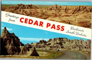 Greetings from Cedar Pass Badlands SD Multi View Banner Vintage Postcard T12