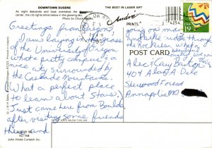 Downtown Eugene, Oregon, Cascade Mountains, Alec & Cary Bartonov, Postcard