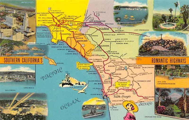 Southern CA's Romantic Highways USA Map Unused 