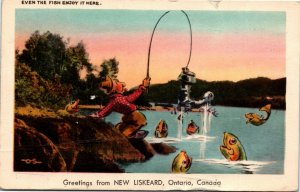 Postcard ON Greetings from New Liskeard Humour Fish Laugh at Fisherman 1940s K59