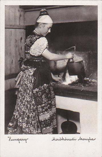 Hungary Bauern Kueche In Mezokovesd Girl In Typical Costume In Kitchen Real P...