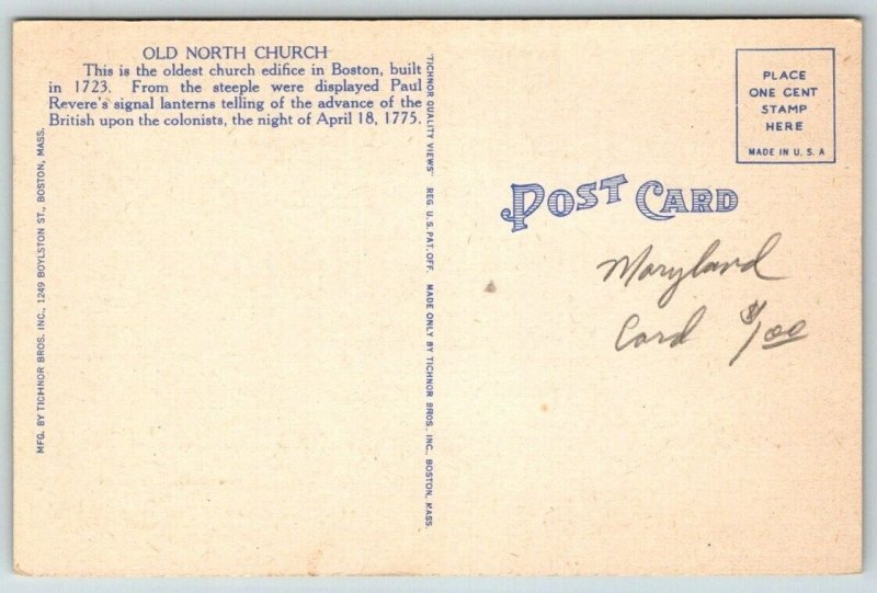Old North Church  Boston Massachusetts  Postcard