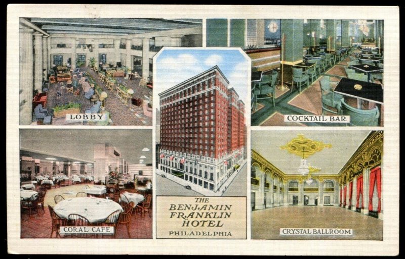 Benjamin Franklin Hotel, Philadelphia. 5 Views. Vintage linen postcard