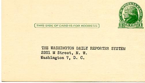 Pre-Printed U. S. Postal Card, UX27 Jefferson, 1-cent, Reply Card