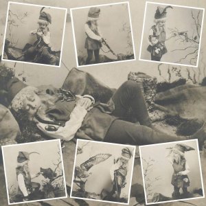 Set of 7 vintage photo postcards 1902 hunter dwarf gnome costumed boy allegory