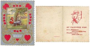Vintage Embossed Valentine, GIRL READING VALENTINE, RED HEARTS 