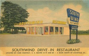 1940s Louisville Kentucky Southwind Drive-in Restaurant Advertising Postcard