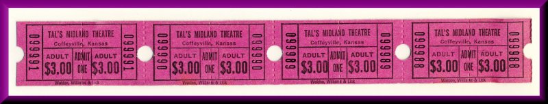 Four Tal's Midland Theatre Movie Tickets, Coffeyville, Kansas/KS, 1970&#...