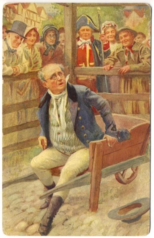 Raphael Tuck Man in Wheelbarrow Surrounded by Crowd Dickens Series Postcard