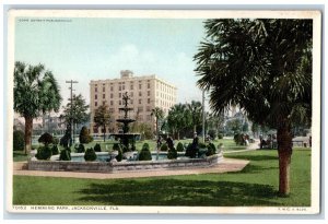 c1920's Hemming Park Fountain Building Ground Tourists Jacksonville FL Postcard 