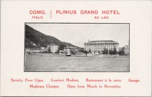 Como Italy Plinius Grand Hotel Unused Advertising Litho Postcard H46