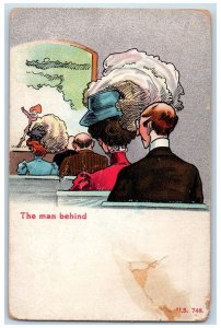 c1910's Woman Big Hat Feather The Man Behind Watching Theater Antique Postcard 