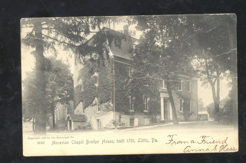 LILITZ PENNSYLVANIA PA. MORAVIAN CHAPEL BROTHER HOUSE VINTAGE POSTCARD 1906