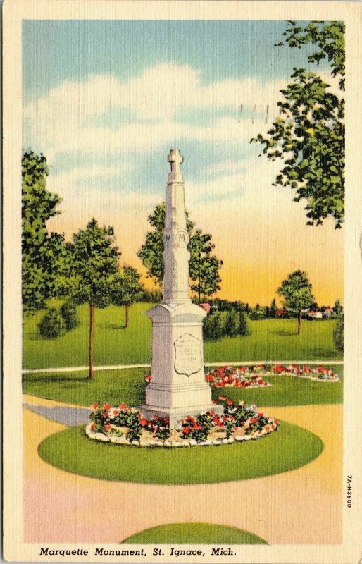 Marquette Monument Statue St Ignace Michigan MI Linen Postcard VTG PM Cancel WOB 